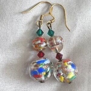 Vintage Murano Style Lampwork Glass Confetti Drop Earrings Gold Tone Hooks